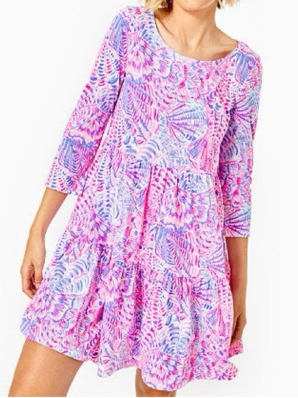 Lilly Pulitzer Pink Blue Floral Tiered Swing Dress with 3/4 Sleeves